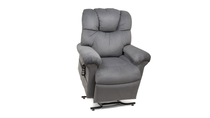Photo of Power Cloud lift chair in Sterling color in standing position.